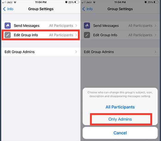 how to change whatsapp group settings to only admin on iPhone and iPad